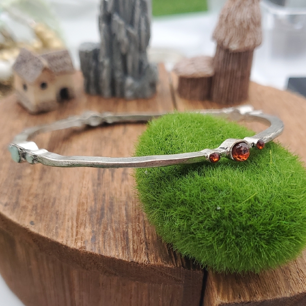 Silver Bangle with Red, Green And‎ Orange Gemstones B3412